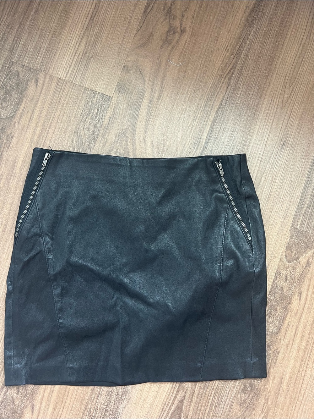 Theory Black Leather Mini Skirt with Angled Zip Pockets